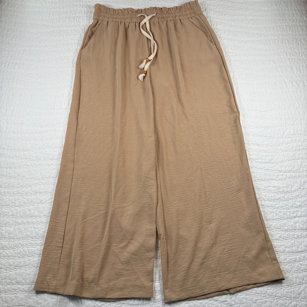 Jules & Leopold Wide Leg Pants Large Tan Paperbag Waist Boho Drawstring Plisse